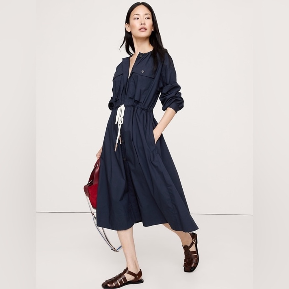BANANA REPUBLIC COTTON POPLIN POCKET MIDI SHIRTDRESS
